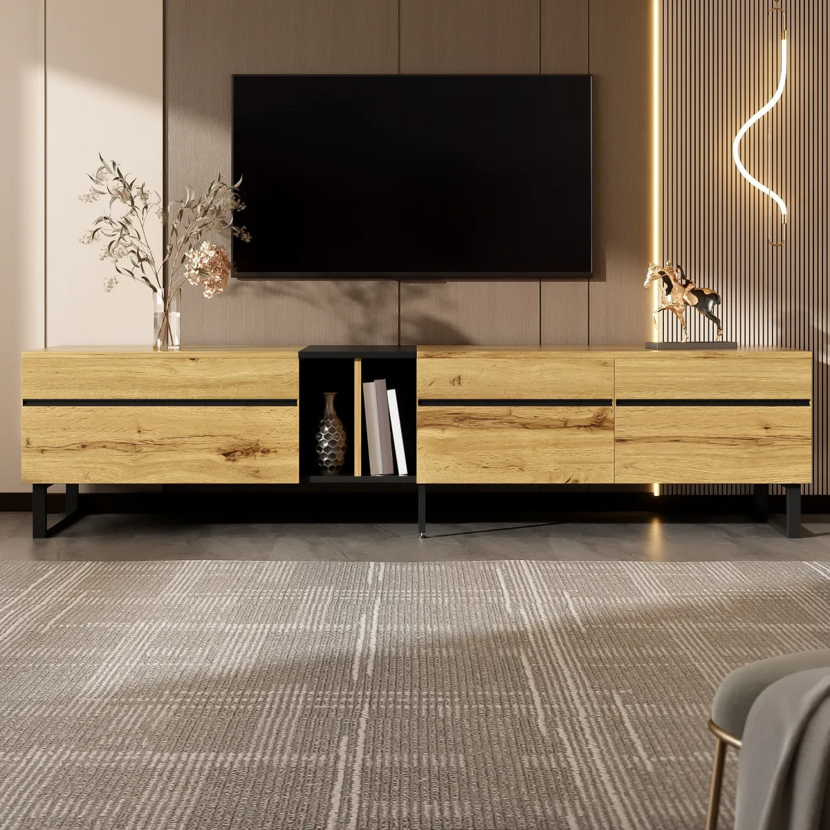Meuble TV bas 180 cm effet bois, portes doubles